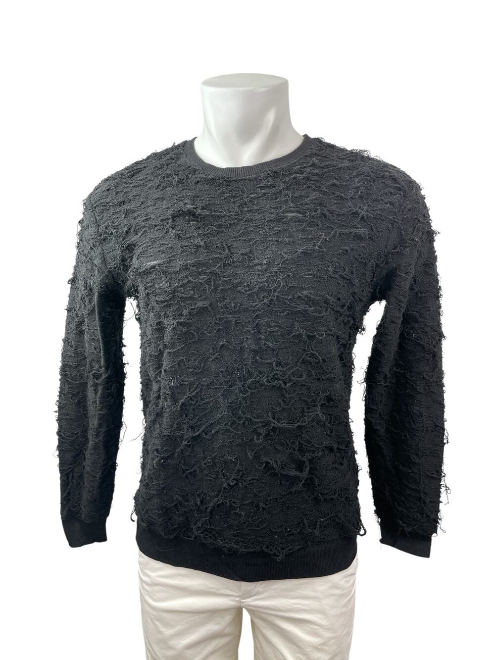 Zara Men's Black Fringe Textured Long Sleeve Crew Neck Knit Sweater Top Size S